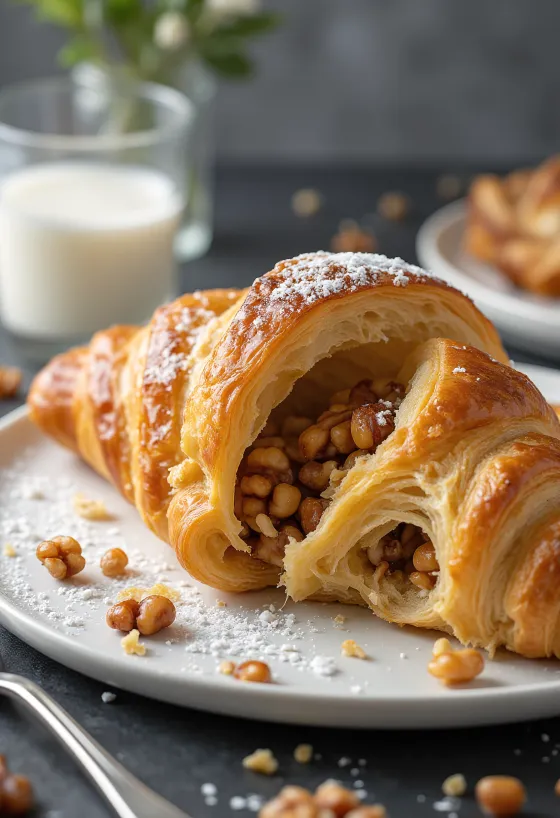 Karamellizált diós croissant tálalva