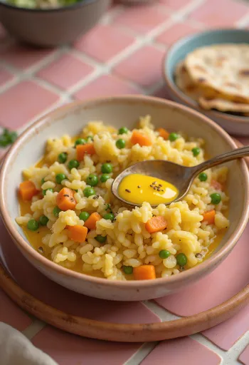 Khichdi zöldségekkel, fűszeres rizs és zöldségek korianderrel tálalva