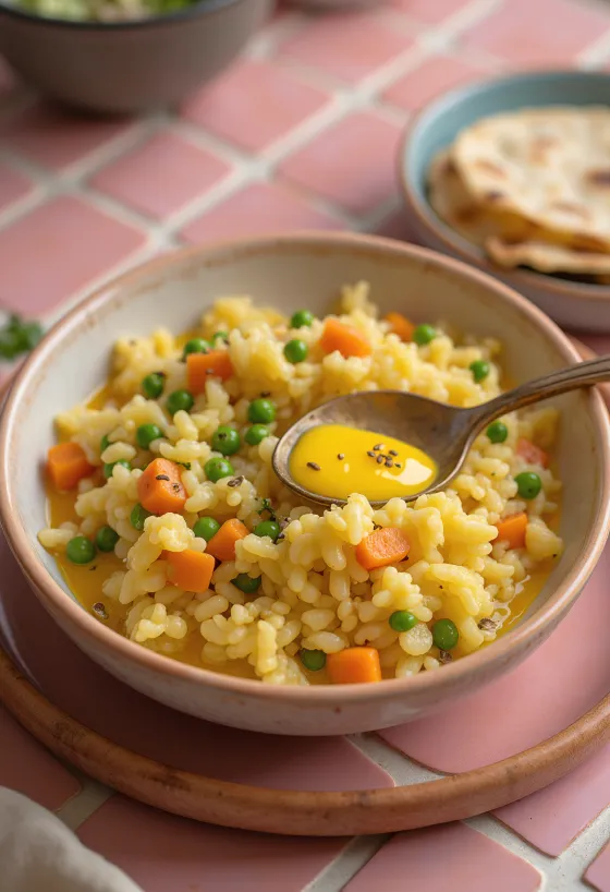 Khichdi zöldségekkel, fűszeres rizs és zöldségek korianderrel tálalva