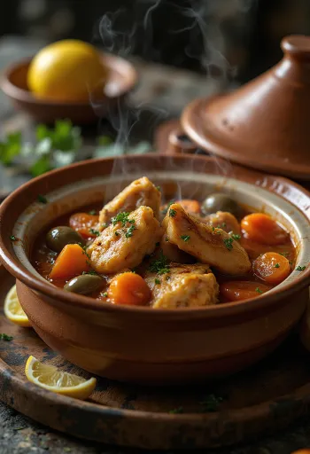 Klasszikus tagine csirkehússal, gazdag zöldségekkel tálalva, fűszeres öntettel