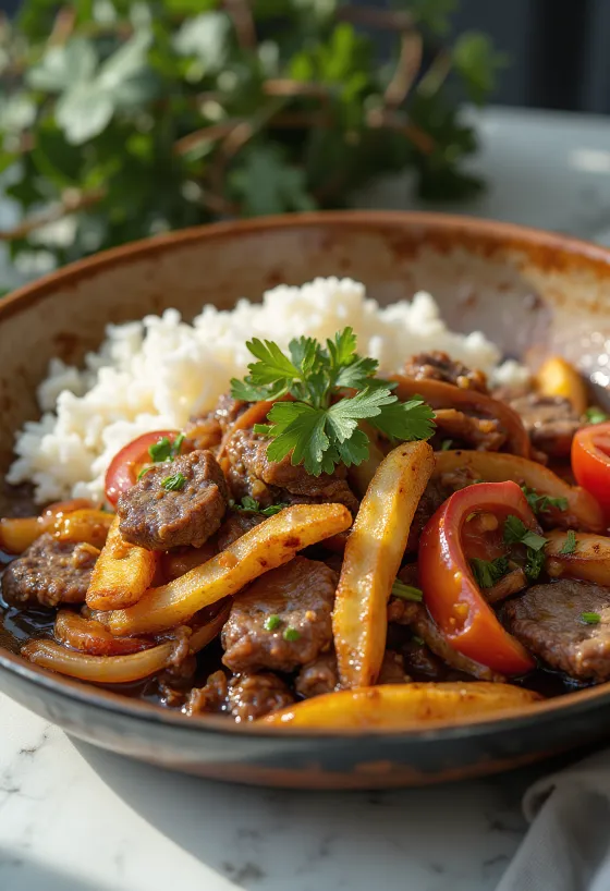 Lomo Saltado Tamari szójaszósszal, sült krumplival tálalva