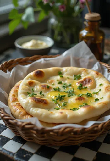 Medvehagymás naan friss, zöld medvehagymával díszítve, melegen tálalva