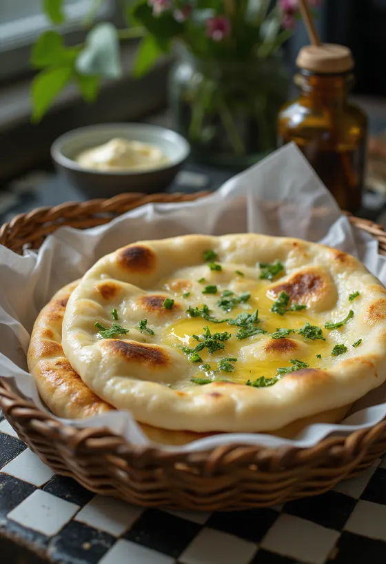 Medvehagymás naan friss, zöld medvehagymával díszítve, melegen tálalva