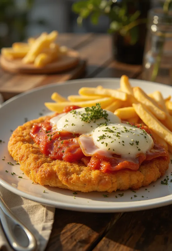 Milanesa napolitana oregánóval tálalva, paradicsomos és sajtos