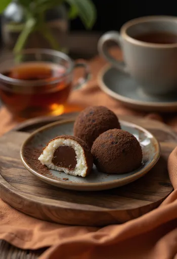 Mochi csokoládéval töltve, kakaóporral bevonva, finom japán édesség