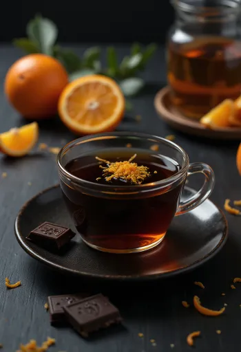 Narancsos-csokoládés tea illatos gőzzel, narancsszelettel díszítve