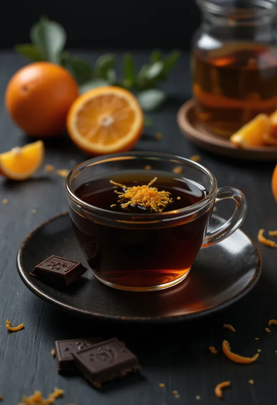 Narancsos-csokoládés tea illatos gőzzel, narancsszelettel díszítve