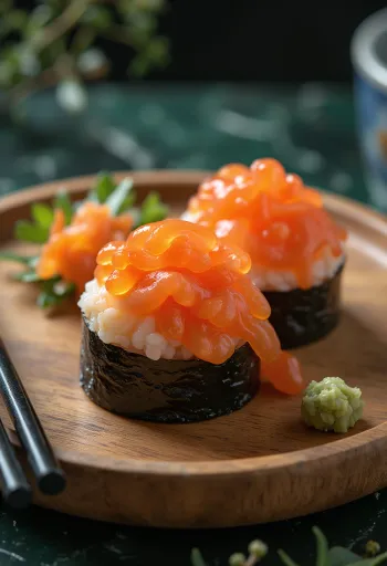 Nigiri ikurával, egy tál rizses sushi friss lazac ikrával díszítve