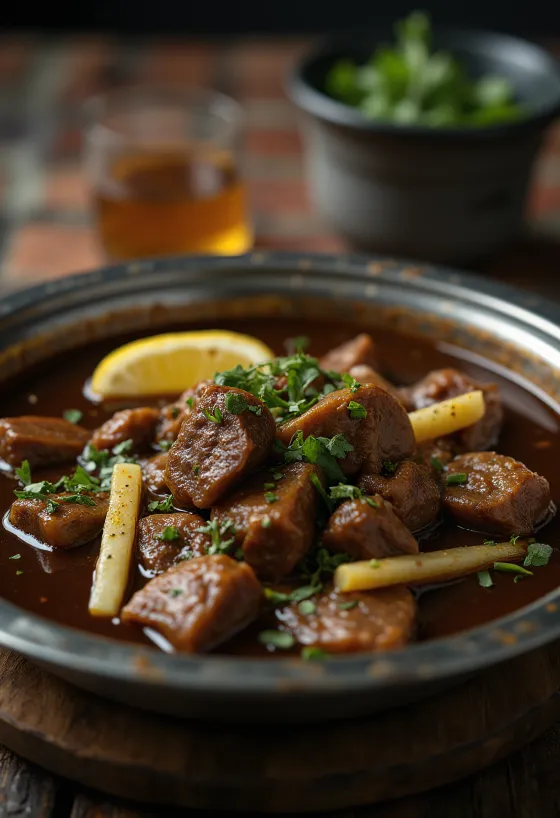 Nihari citromlével tálalva, gazdag húsos és fűszeres ragu