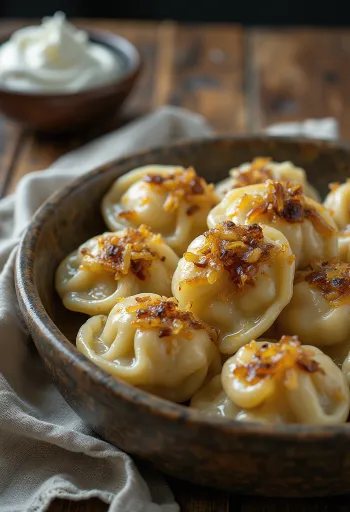 Hagymás pelmeni tejföllel és karamellizált hagymával tálalva