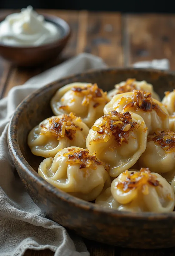 Hagymás pelmeni tejföllel és karamellizált hagymával tálalva