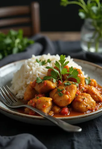 Picante de pollo con arroz, csípős csirke és friss rizs tálalva