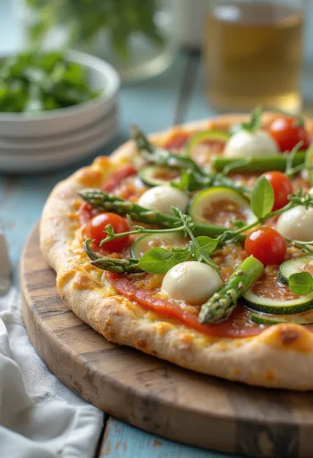 Tavaszi zöldséges pizza mozzarellával és bazsalikommal