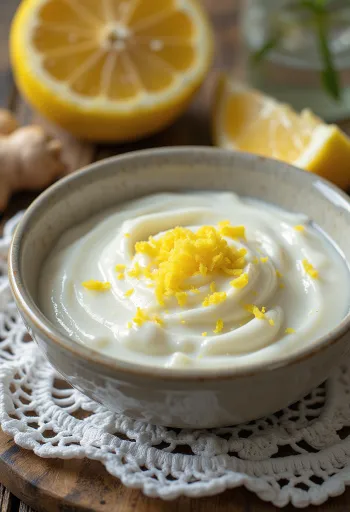 Limonádés gyömbéres joghurt ital pohárban, világos krémes színű ital citromhéjjal megszórva