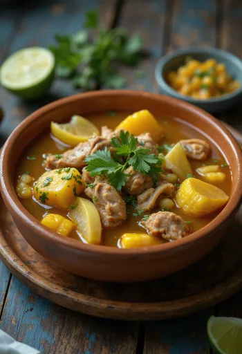 Sancocho colombiano, gazdag húsleves marhahússal, csirkével, kukoricával és zöldségekkel tálalva