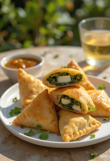 Spenótos-paneeres samosa tálalva