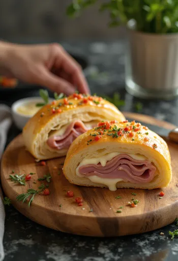 Stromboli sonkával tálalva, gazdag sonkával és olvadt mozzarellával a tetején, kívül ropogós és belül puha.