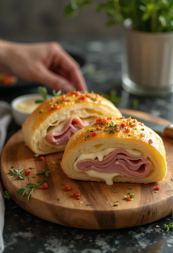 Stromboli sonkával tálalva, gazdag sonkával és olvadt mozzarellával a tetején, kívül ropogós és belül puha.