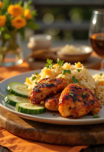 Tandoori csirke tál basmati rizzsel, uborkával és korianderrel díszítve