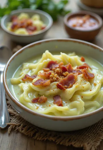 Tejszínes, baconös kelkáposztakrémleves tálalva