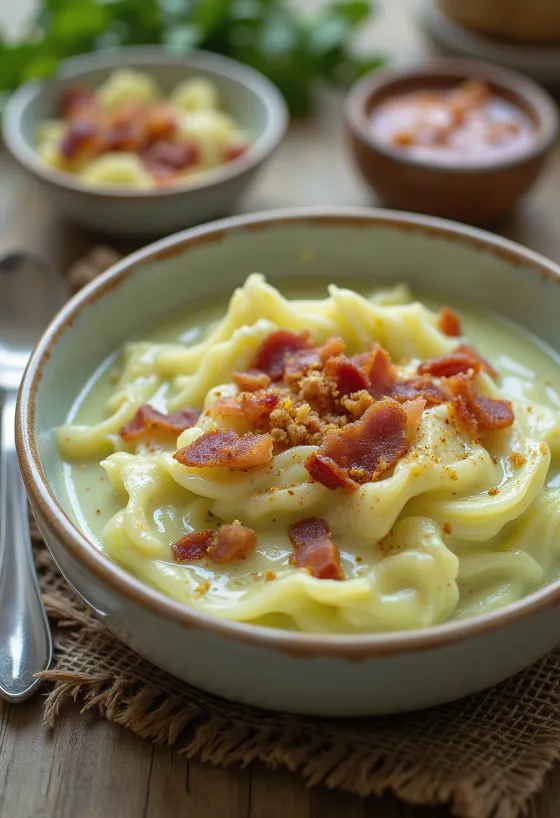 Tejszínes, baconös kelkáposztakrémleves tálalva