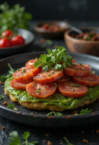 Tostón chorizóval, ropogós banánszeletek és fűszeres kolbászdarabok
