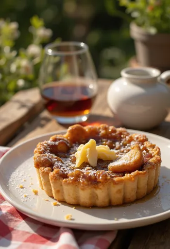 Finom treacle tart rumos ízesítéssel, tálalva porcukorral