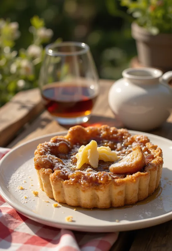 Finom treacle tart rumos ízesítéssel, tálalva porcukorral