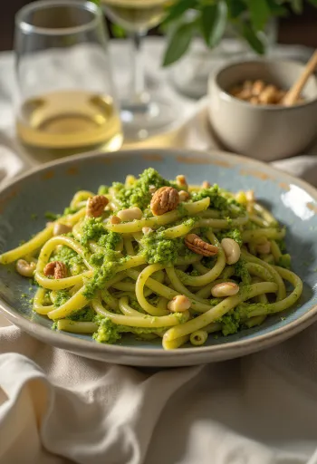 Vegán tészta pesto szósszal, frissen bazsalikommal és pirított fenyőmaggal tálalva.
