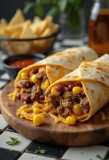 Marha burrito rizzsel, fekete babbal, kukoricával és cheddar sajttal töltve