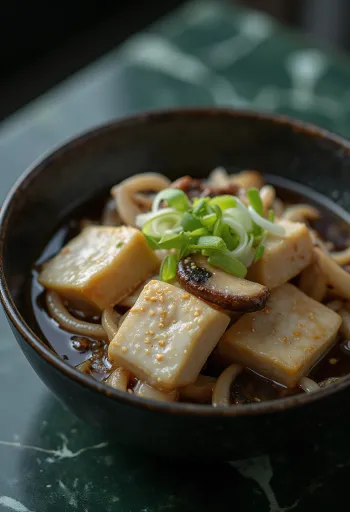 Yuba és shiitake gombás étel, szójaszósszal és friss zöldhagymával tálalva.