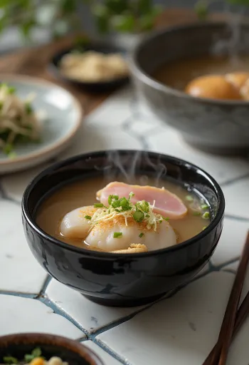Zoni kamabokóval, egy japán leves mochi rizsszel, halas pástétommal és friss korianderrel
