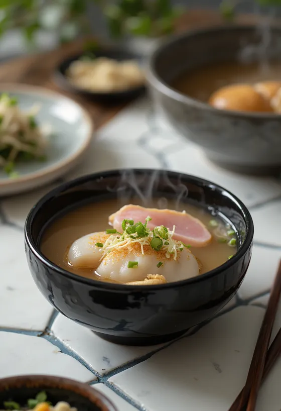 Zoni kamabokóval, egy japán leves mochi rizsszel, halas pástétommal és friss korianderrel