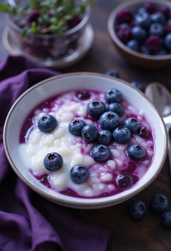 Áfonyás Congee tálalva, friss áfonyával és tejszínnel
