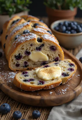 Áfonyás-fahéjas Stollen szeletelve, porcukorral meghintve