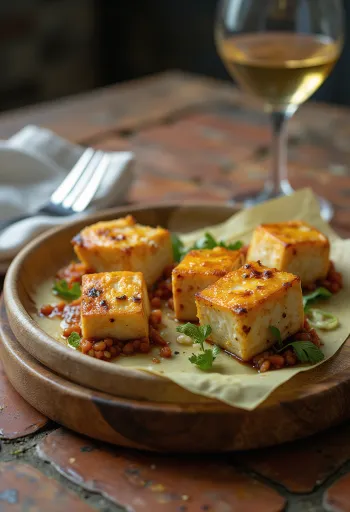 Anticucho de tofu - grillezett tofu nyársak, friss salátával