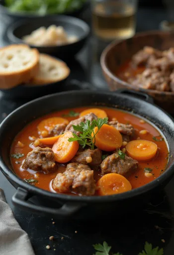 Bò kho fokhagymával, kókusztejjel és fűszerekkel tálalva