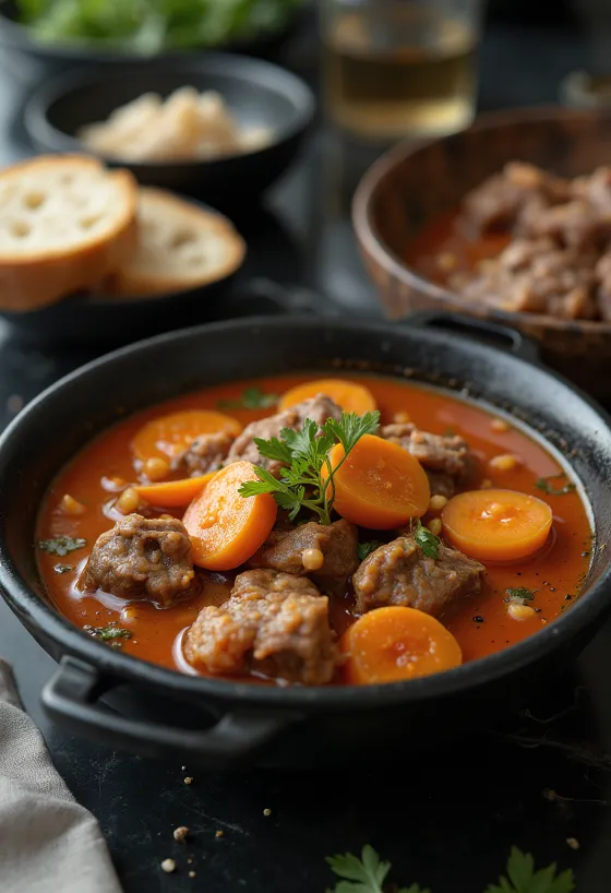 Bò kho fokhagymával, kókusztejjel és fűszerekkel tálalva