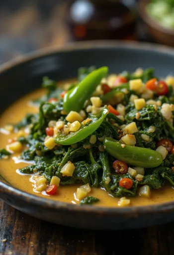 Callaloo csípős paprikával, gazdag fűszeres étel kókusztejjel és friss fűszerekkel tálalva