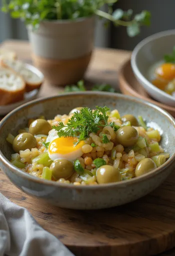 Caponata zellerrel és olívabogyóval tálalva, padlizsánnal és paradicsommal rusztikus tálban