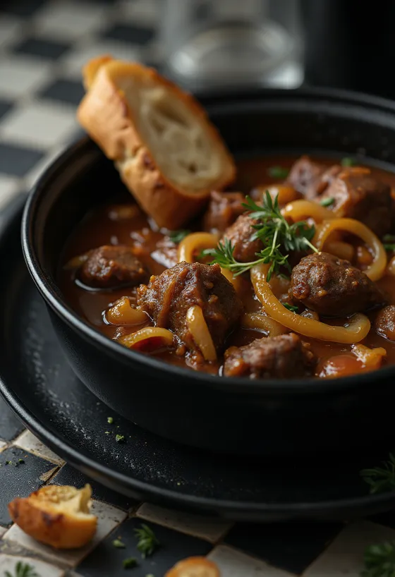 Carbonnade flamande belga sörös marharagu tálalva