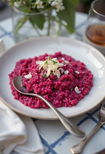 Céklás rizottó, krémes állagú, friss petrezselyemmel és vegán parmezánnal tálalva.