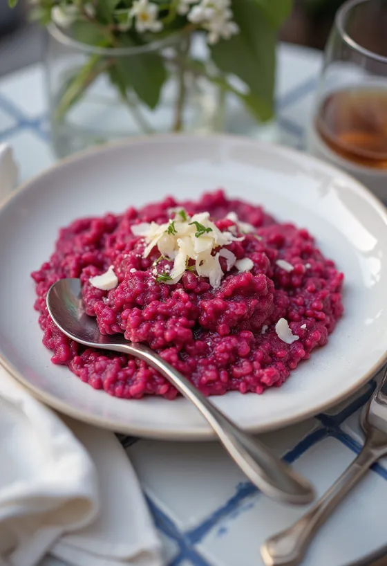 Céklás rizottó, krémes állagú, friss petrezselyemmel és vegán parmezánnal tálalva.