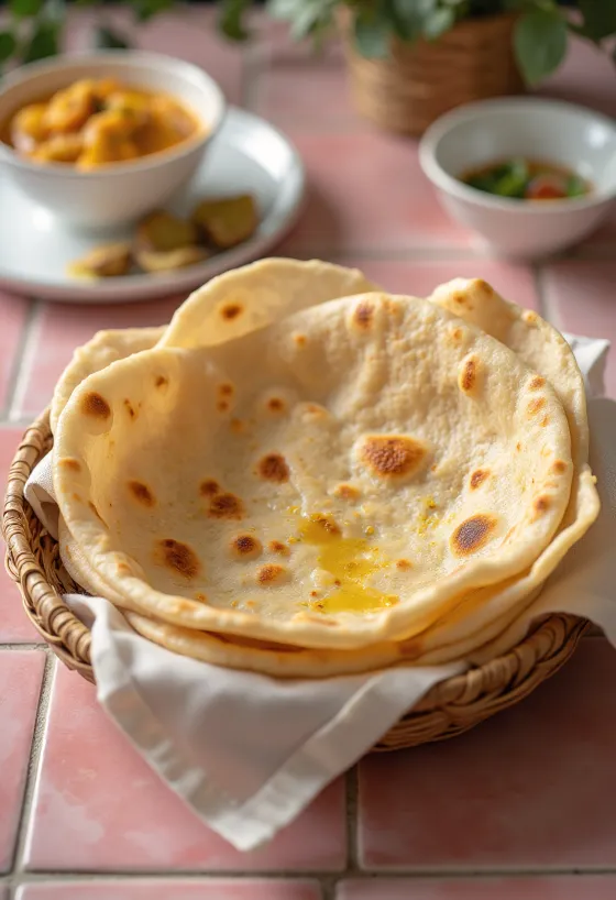 Frissen készült indiai chapati lepénykenyér tálalva