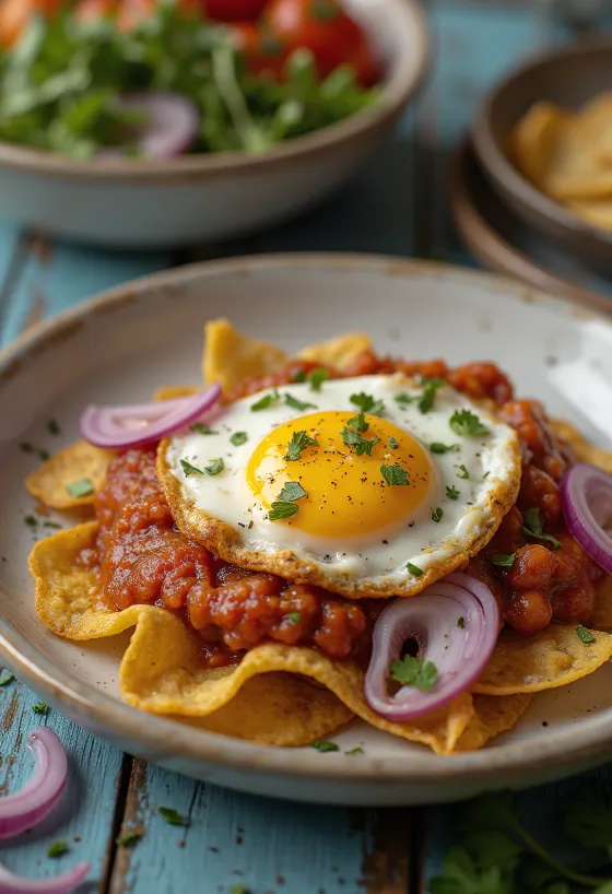 Chilaquiles con salsa guajillo tálalva friss korianderrel és tojással