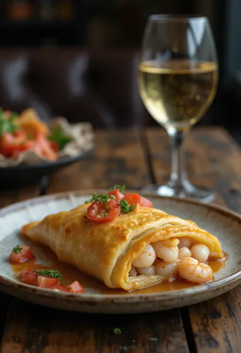 Chilean Empanada de Mariscos, tenger gyümölcseivel töltött empanada, aranybarna tésztában