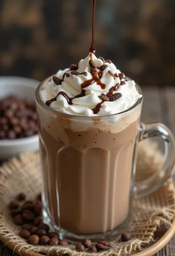 Csokoládés frappuccino pohárban, tejszínhabbal és csokoládé reszelékkel díszítve
