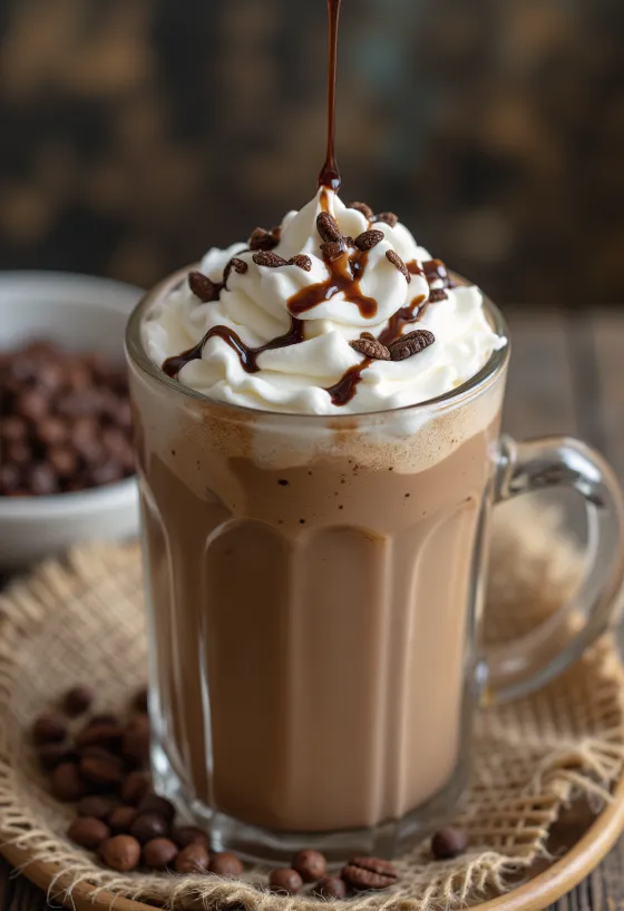 Csokoládés frappuccino pohárban, tejszínhabbal és csokoládé reszelékkel díszítve