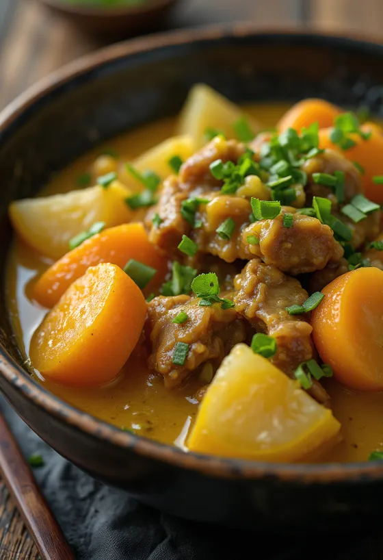 Curry-s Nikujaga tálalva, gazdag fűszeres curry szósszal és friss korianderrel