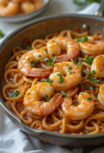 Fideuà amb Gambes, garnélákkal és gazdag paradicsomos szósszal tálalva, spanyol étel